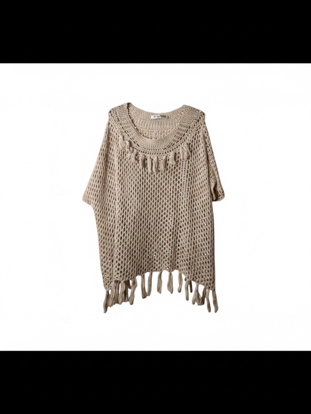 Trina Turk Beige Knit Fringe Poncho Sweater